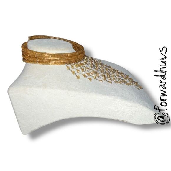 Statement Cuff Necklace & Bracelet Set – Gold Tone Beaded Fringe - Picture 9 of 11